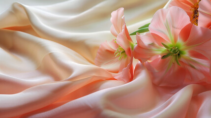 Delicate flowers on beige satin fabric background, card, invitation. Romantic design. Copy space