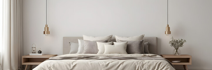 Beige bed decor and grey pillows against empty white wall background. Minimalist style home interior design of modern living room