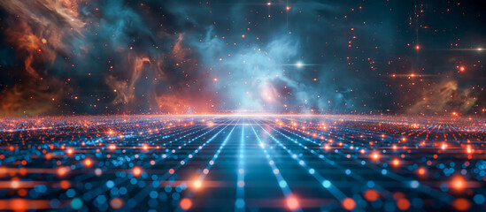 Fototapeta premium Dynamic virtual digital universe concept depicting a vivid, illuminated grid extending towards a fiery cosmic explosion in space