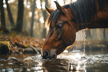 joyful image of a brown horse drinking water from the river,  thirst,  dynamic angle, 