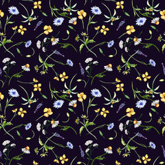 Obraz premium Floral seamless pattern with medicinal plants in watercolor isolated on dark background. Yarrow. celandine botanical print in sketch. Bur marigold, cornflower hand drawn. Design for textile, package