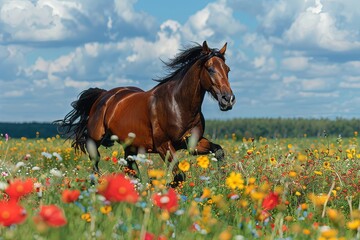joyful image of a brown horse running through the meadow full of wild flowers, dynamic angle