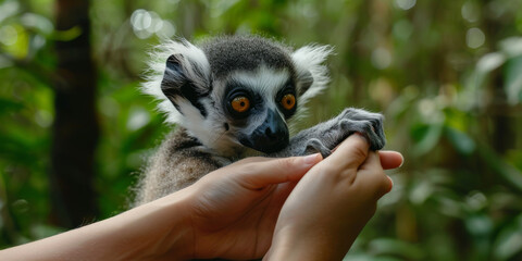 Naklejka premium Lemur holds a female hand against the backdrop of a green jungle.
