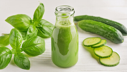 Glass bottle of delicious green smoothie with cucumber and basil. Tasty beverage. Detox drink