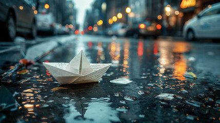 Paper boat in a puddle on a busy city street The determination of the great explorer