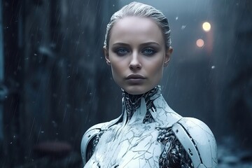 Extending the life of people in robotic bodies. Android robot with a beautiful female face.
