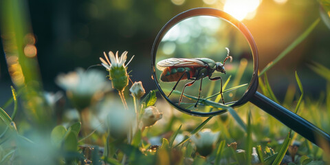 The process of examining a beetle through a magnifying glass in meadow grass. Study of insects or entomology. - obrazy, fototapety, plakaty