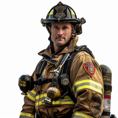 Hero fireman concept, a confident handsome firefighter or fire officer standing on white isolated background vector