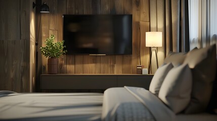 Cozy and Contemporary Bedroom Retreat with Rustic Wood Accents and Relaxing Atmosphere