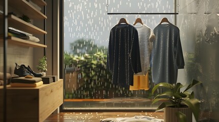 Clothing Rack by Rainy Window in Cozy Home Living Room
