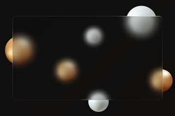 Glass morphism background. Glass banner made of clear frosted glass with gold and white spheres on a black background.