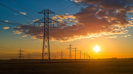 Stunning sunset sky with clouds backlit by the golden sun, silhouetting a row of electricity pylons stretching across a field.
