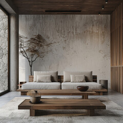 living room_large windows_ sofa _armchairs_ beige tones 
