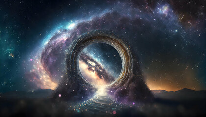 A mysterious portal swirling with cosmic energy and the milky way on digital art concept, Generative AI.