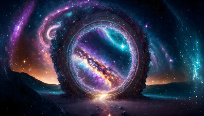 A mysterious portal swirling with cosmic energy and the milky way on digital art concept, Generative AI.