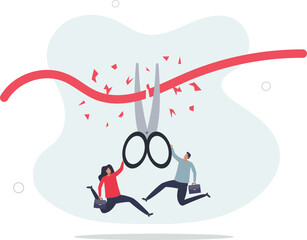 businessman and businesswoman holding scissors to cut red ribbon start new company.flat vector illustration.