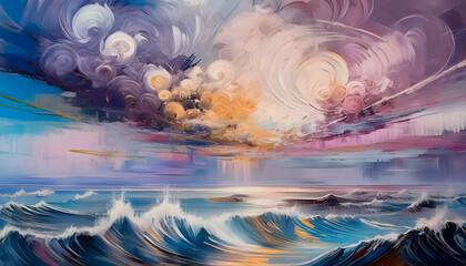 Abstract hand-painted artwork holding clouds in the sky in the sea, illustration paint watercolor on Generative AI.