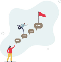 businessman jump on speech bubble advice to success.flat vector illustration.
