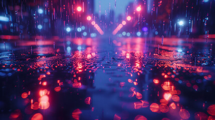 Obraz premium Asphalt close up, Heavy Rain reflection with neon