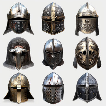 Knight warrior helmet, heraldry armor of medieval soldier, ancient roman gladiator or spartan fighter. Vector great helm or armet with visor, old metal armor front view of trojan army warrior