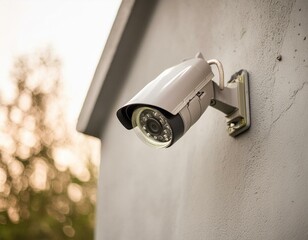 Weiße Überwachungskamera auf grauer Hauswand - Sicherheitskamera - Sicherheit - Kamera mit Kabel überwacht Areal