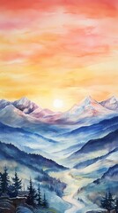 Majestic mountains captured at dawn in watercolors.