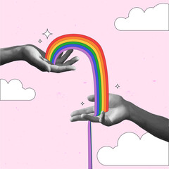 Heart filled with rainbow colors is held gently by two hands, representing love and unity against pink background. Contemporary art collage. LGBT, equality, pride month, support, love, human rights