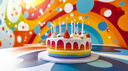 Birthday cake with candles on multicolor background