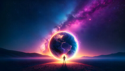 a person standing on a desolate landscape at twilight. The person is holding up a large, glowing globe resembling Earth above their head, casting a gentle light around.