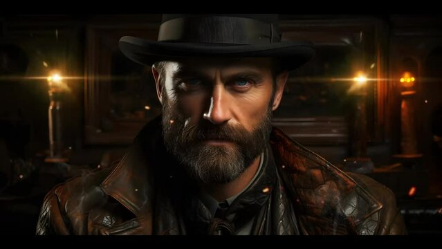 Portrait of a Bearded Old Cowboy Wearing a Hat against a Dark Background. Wild Western Man. Seamless Looping 4k Video Animation