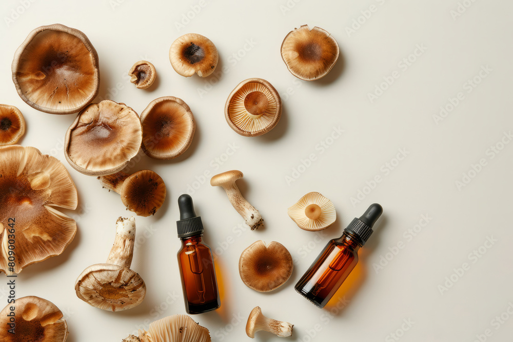Poster overhead view of essential oil dropper bottle with mushrooms. health product bottle mockup - Posters