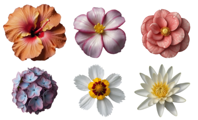 Close up of various beautiful flowers blooming isolated on transparent background. Generative AI