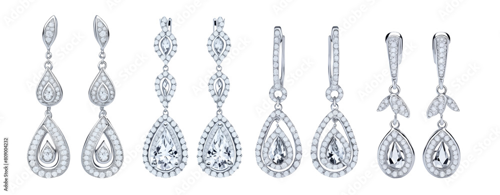 Wall mural Set of beautiful teardrop bridal dangle earrings isolated on transparent background. Generative AI