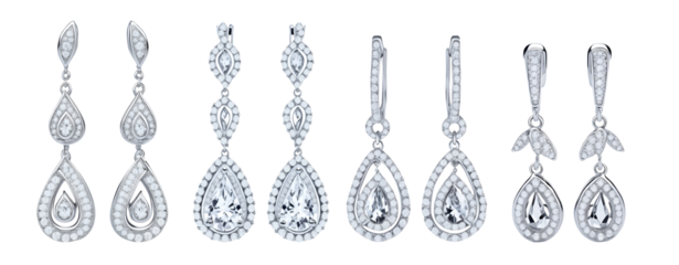 Set of beautiful teardrop bridal dangle earrings isolated on transparent background. Generative AI