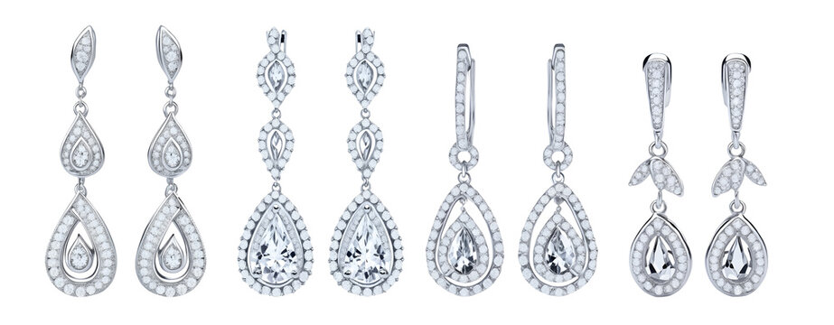 Set of beautiful teardrop bridal dangle earrings isolated on transparent background. Generative AI