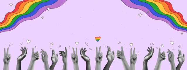 Hands reach out towards rainbow, symbolizing the LGBTQ unity and freedom against pink background. Contemporary art collage. LGBT, equality, pride month, support, love, human rights concept