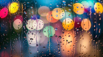 Wet Window View with Vivid Bokeh Lights