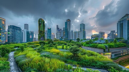 Green Architecture Skyline: Sustainable Cityscape at Twilight