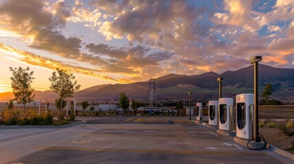 Sunset at Electric Vehicle Charging Station with Mountain View