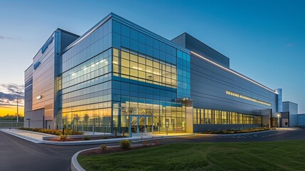 Fototapeta na wymiar Twilight Panorama of a High-Tech Pharma Manufacturing Building