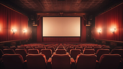 Fototapeta premium Vintage cinema hall with luxurious red velvet seats and dimmed wall sconces, ready for a movie screening. 