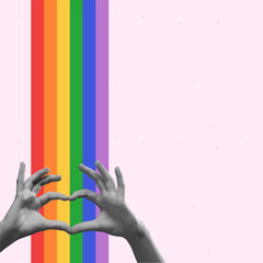 Monochrome hands holding rainbow symbolizing support of LGBTQI community against pink background. Contemporary art collage. LGBT, equality, pride month, support, love, human rights concept