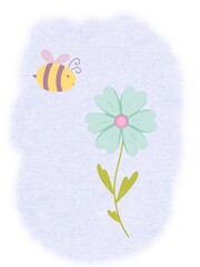 A postcard with a bee and a flower in cartoon style, hand-drawn, digital painting with watercolor brushes. A cute illustration for children. ideal for poster, print, packaging, book illustration, any