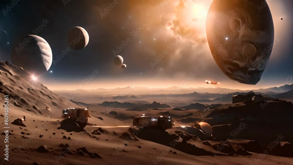 Poster futuristic space station constructed on alien planet surface generative ai