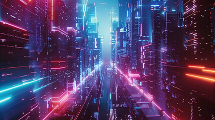 Fototapeta premium A futuristic cityscape bathed in neon light, with a focus on precision and accuracy,