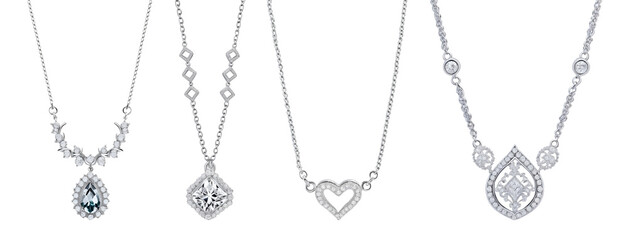 Set of premium luxury diamond pendant necklaces isolated on transparent background. Generative AI