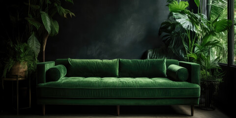 Living room modern interior in minimalist style with green velvet sofa and tropical plants on dark...
