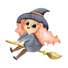 Hand-drawn watercolor little funny red-haired witch on a broom in a hat