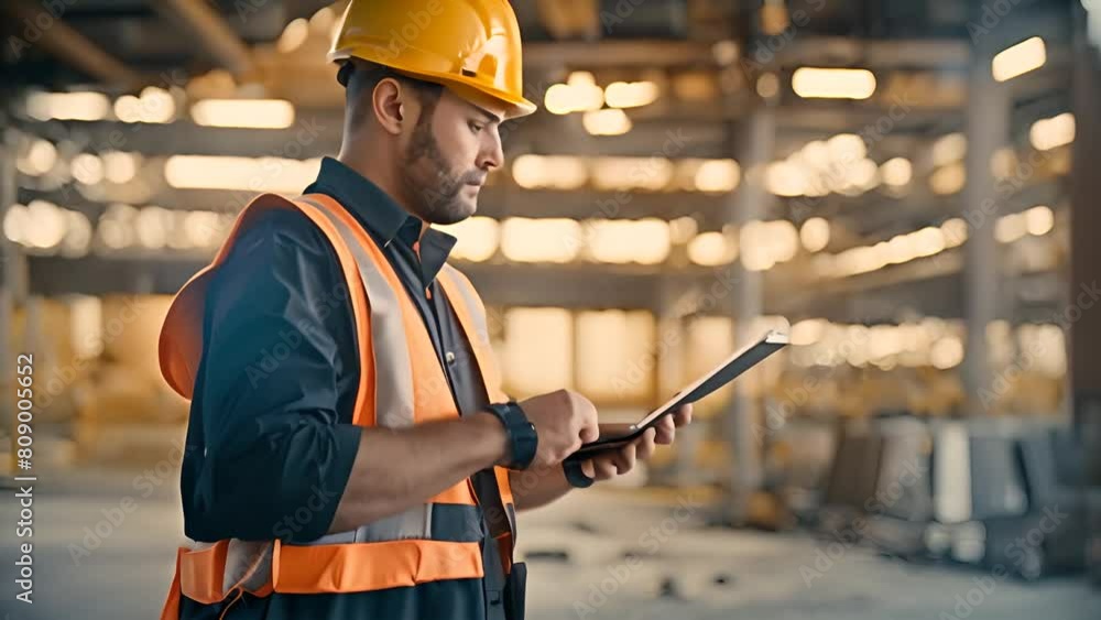 Poster construction worker with hard hat using tablet generative ai
