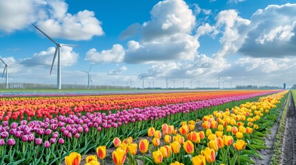 Colorful tulips field blooming with integrated wind turbines and solar panels, a vision of clean electricity and a greener future